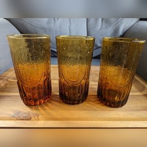 Anthropologie Fleur de Lis Amber Tall Drinking Glasses Hand Blown Set of 3